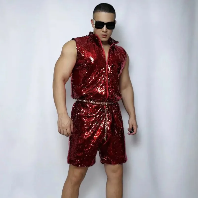 

Мужской комбинезон без рукавов с блестками и блестками, танцевальный комбинезон в стиле хип-хоп, одежда для певицы, сценическая одежда, мужская одежда для клубной вечеринки, ночного клуба