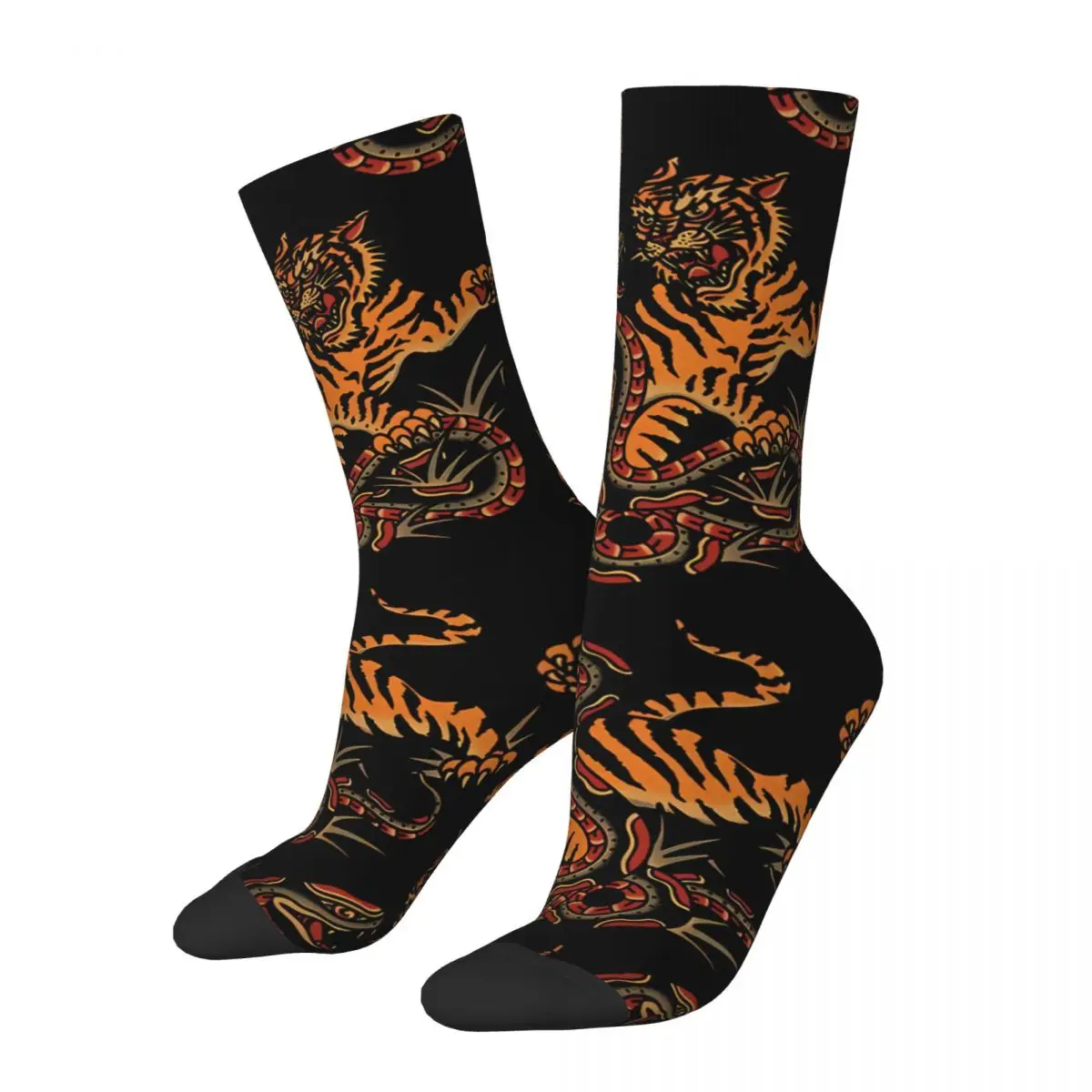 Happy Retro Tiger Tattoo Design Crazy Men's Socks Unisex Harajuku Pattern Printed Novelty Crew Sock Boys Gift