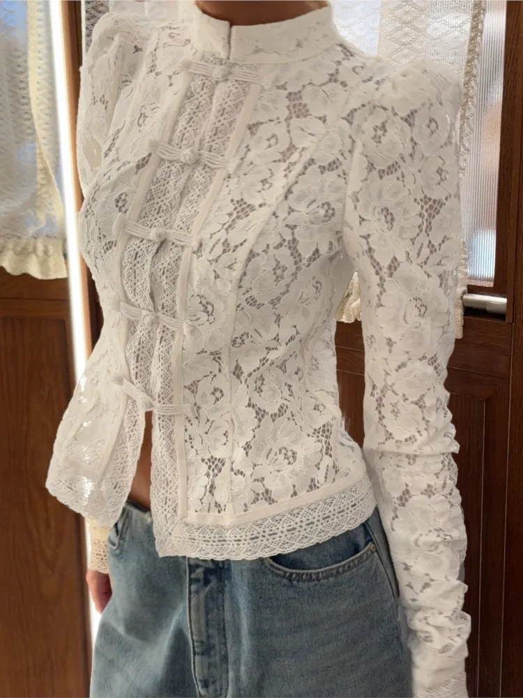 Camicia retrò in pizzo cavo Camicetta chic da donna Autunno O Collo Manica lunga Slim Top in maglia Moda femminile Camicette e top floreali eleganti