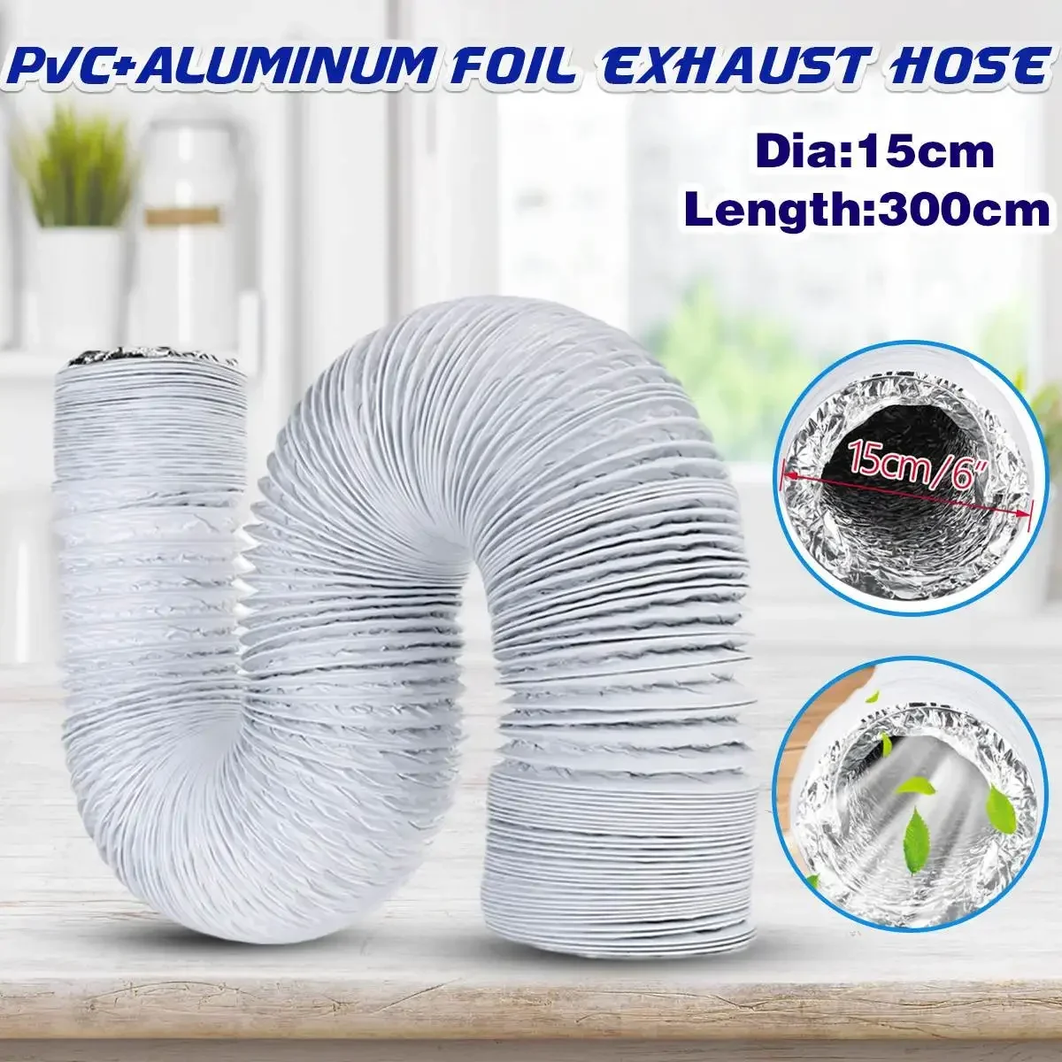 6 inch 150mm Ventilator Pipe PVC Aluminum Tube Air Ventilation Pipe Hose Flexible Air Conditioner Exhaust Duct Air System Vent