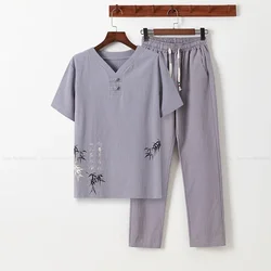 Lino Zen Tea Tee top pantaloni Kung Fu uniforme moda orientale Casual T-shirt allentata stile retrò cinese Tang Suit pantaloni da uomo