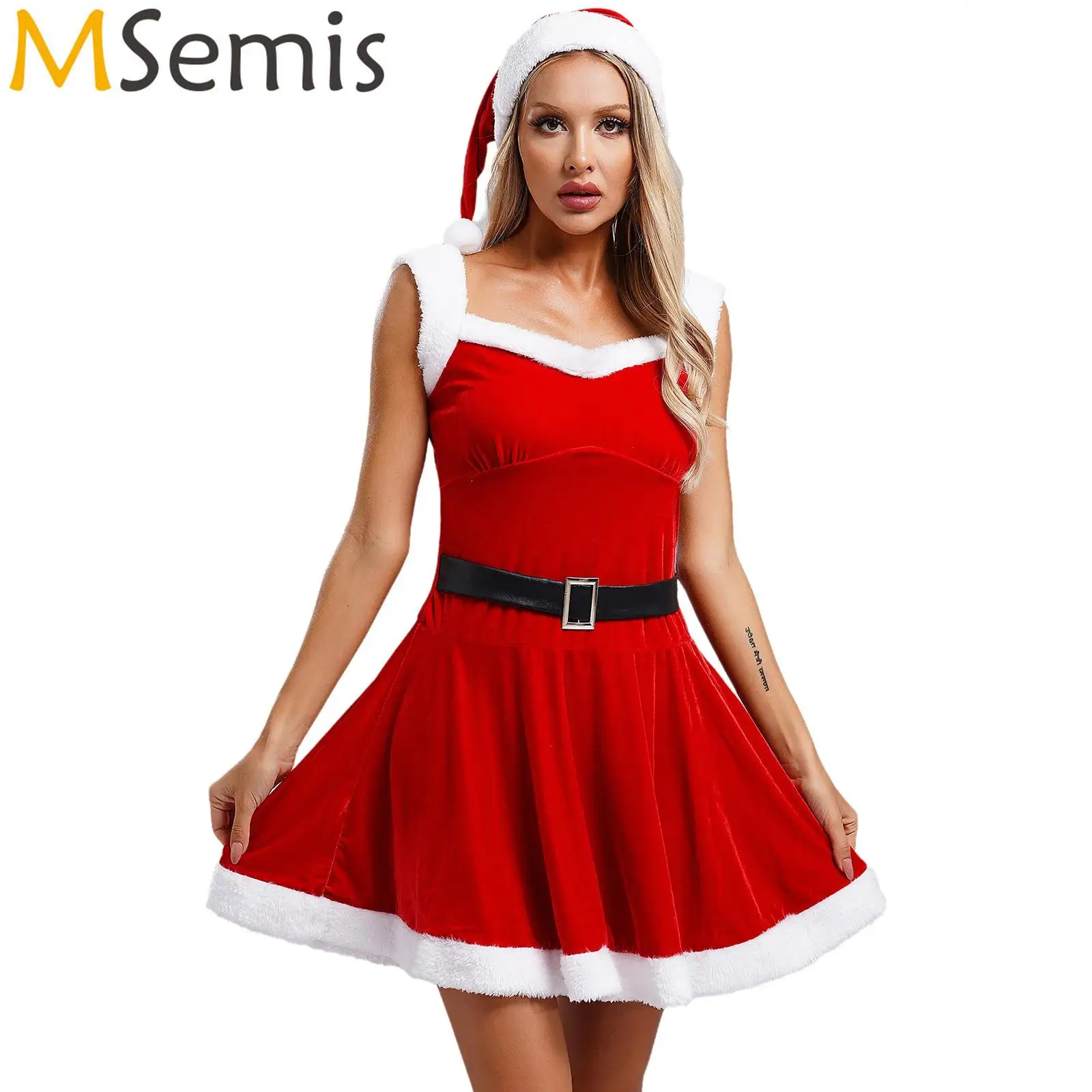 

Womens Mrs Santa Claus Dance Party Dress Princess A-line Velvet Red Dress And Christmas Hat Christmas Cosplay Costume Dress