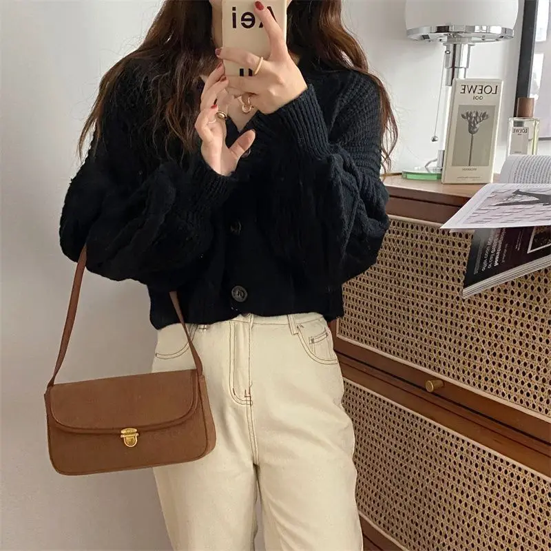 Rimocy V Neck Cropped Cardigan Women Long Sleeve Twist Knitted Sweater Coats Woman Korean Fashion Solid Color Button Up Cardigan