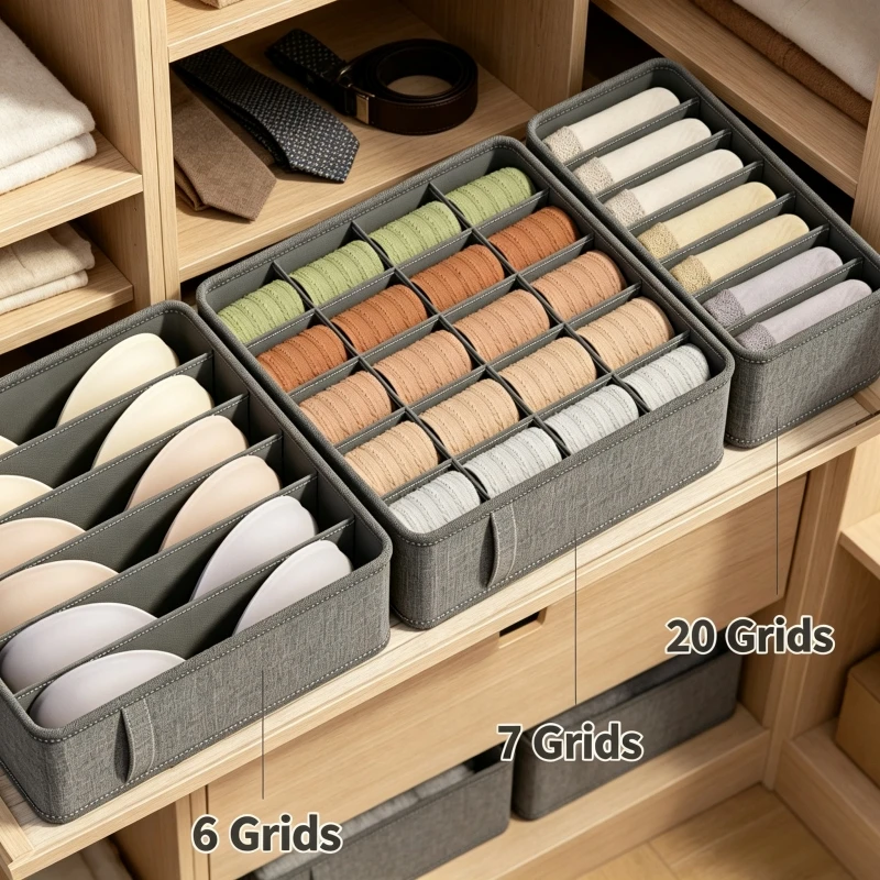 Faltbare Stoff-Aufbewahrungsbox für Unterwäsche und Socken, Schubladen- und Schrank-Organizer, Trennwände für Socken, Unterwäsche, Krawatten, Gürtel – Detail 3