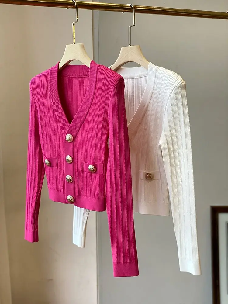 

Luxury Jacket Spring Autumn Pink Knitted Cardigan Women Long Sleeve Short Tops Slim Sweater Button Office Lady White Cardigan