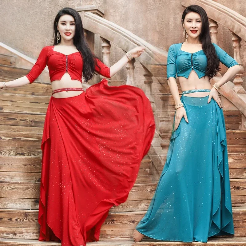 Belly Dancer Training Suit Costume Set for Women Half Sleeves Top+long Skirt 2pcs Adult Female Bellydance Tassel Performance Set