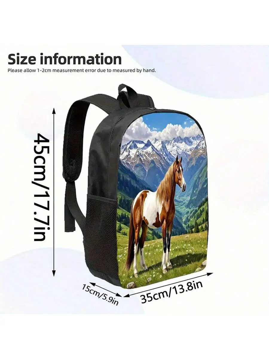 

Oil Painting Horse Mountain Landscape Backpack 17 Inch Laptop Bag With Water Bottle Holder Adjustable Straps