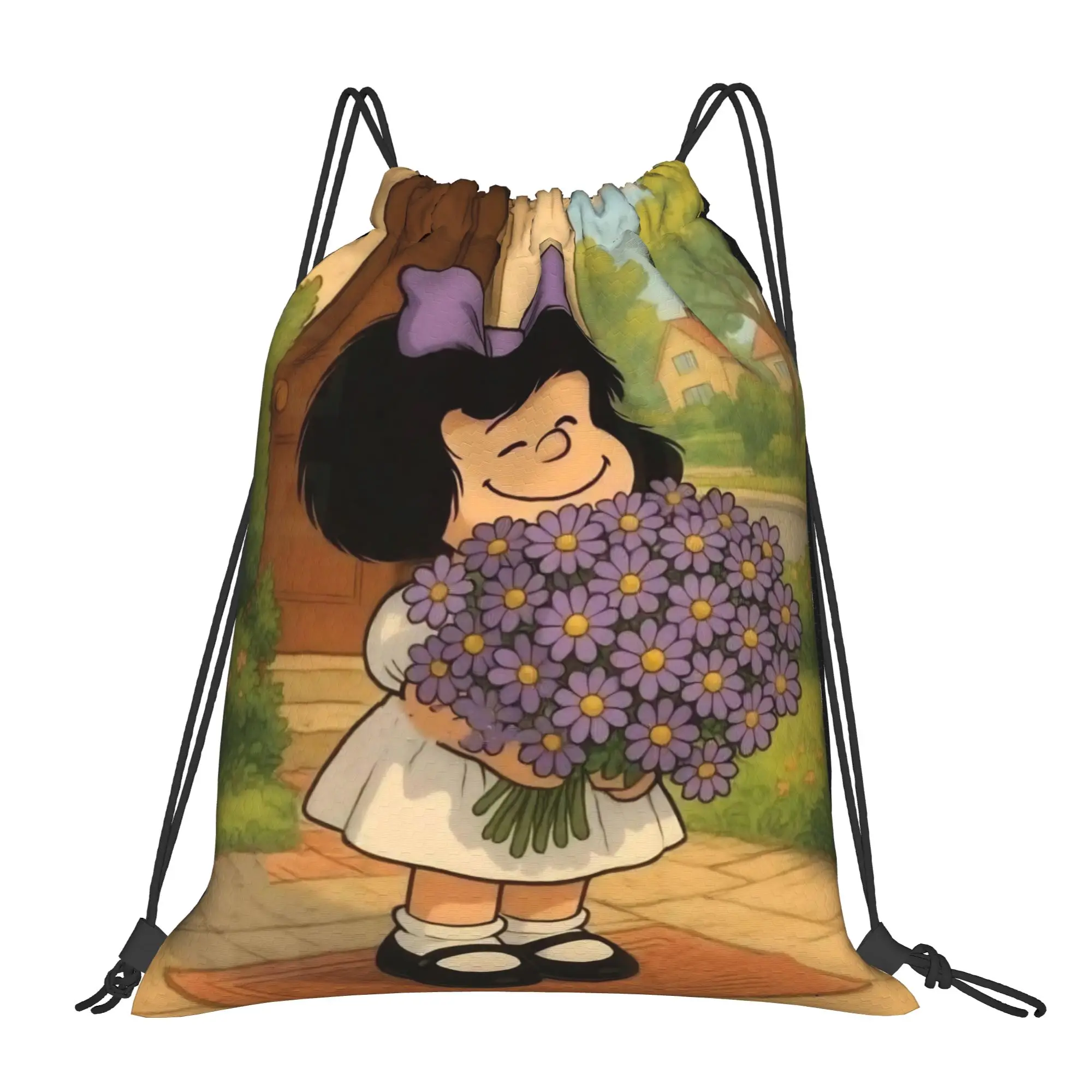 Mafaldas Flowers Anime Drawstring Backpack Sports Gym Bag Water Resistant  String Sackpack for Yoga 36cm (W) x 43cm (H)
