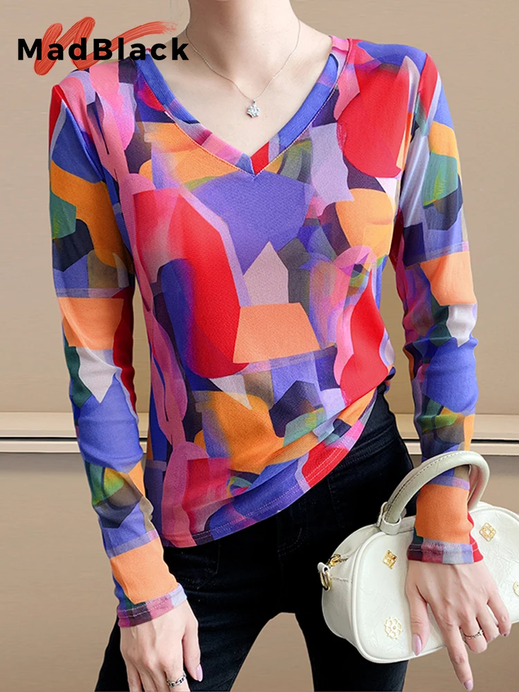 

MadBlack-Women European T-Shirt, Sexy V Neck Geometry Print, Streetwear Long Sleeve Slim S-3XL Mesh Tee, 2025 Autumn T59472CC