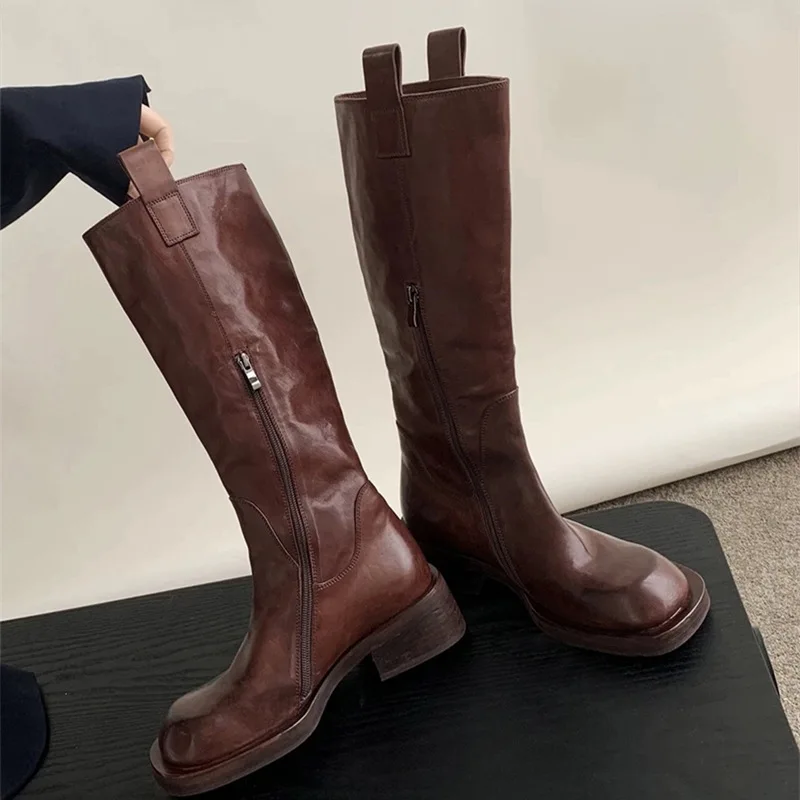 Thick Heeled Boots Made of Genuine Leather That High Cut Chelsea Boots, Slim Looking Knight Boots, Women's Thick Soled Boots