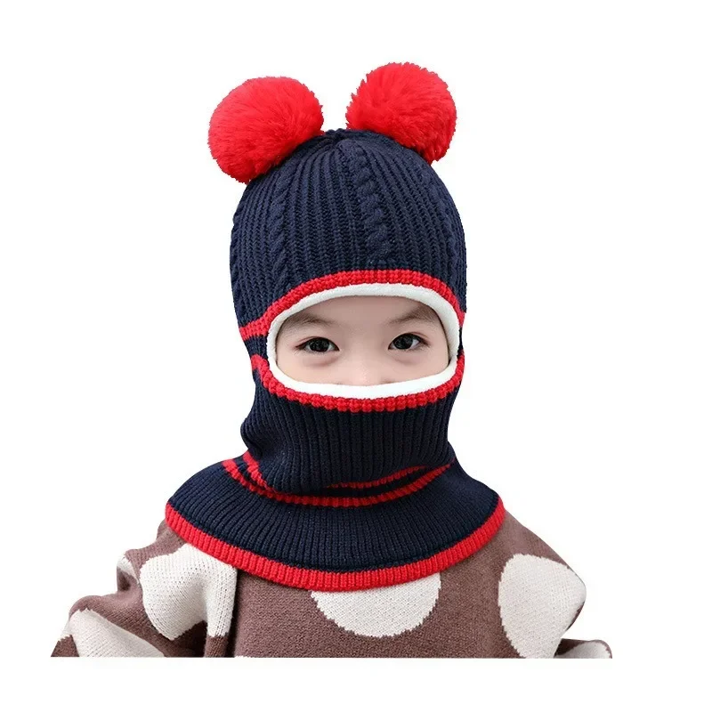 Kinder-Wintermütze mit doppeltem Bommel, Schal-Set, warme gestrickte Sturmhaube mit Gesichtsbedeckung, mehrfarbig, süßer Beanie-Schal für Kleinkinder