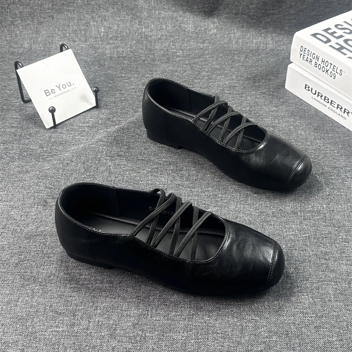 retro-style-square-head-ballet-flats-women's-new-fall-black-crossed-tied-genuine-leather-soft-bottom-single-shoes
