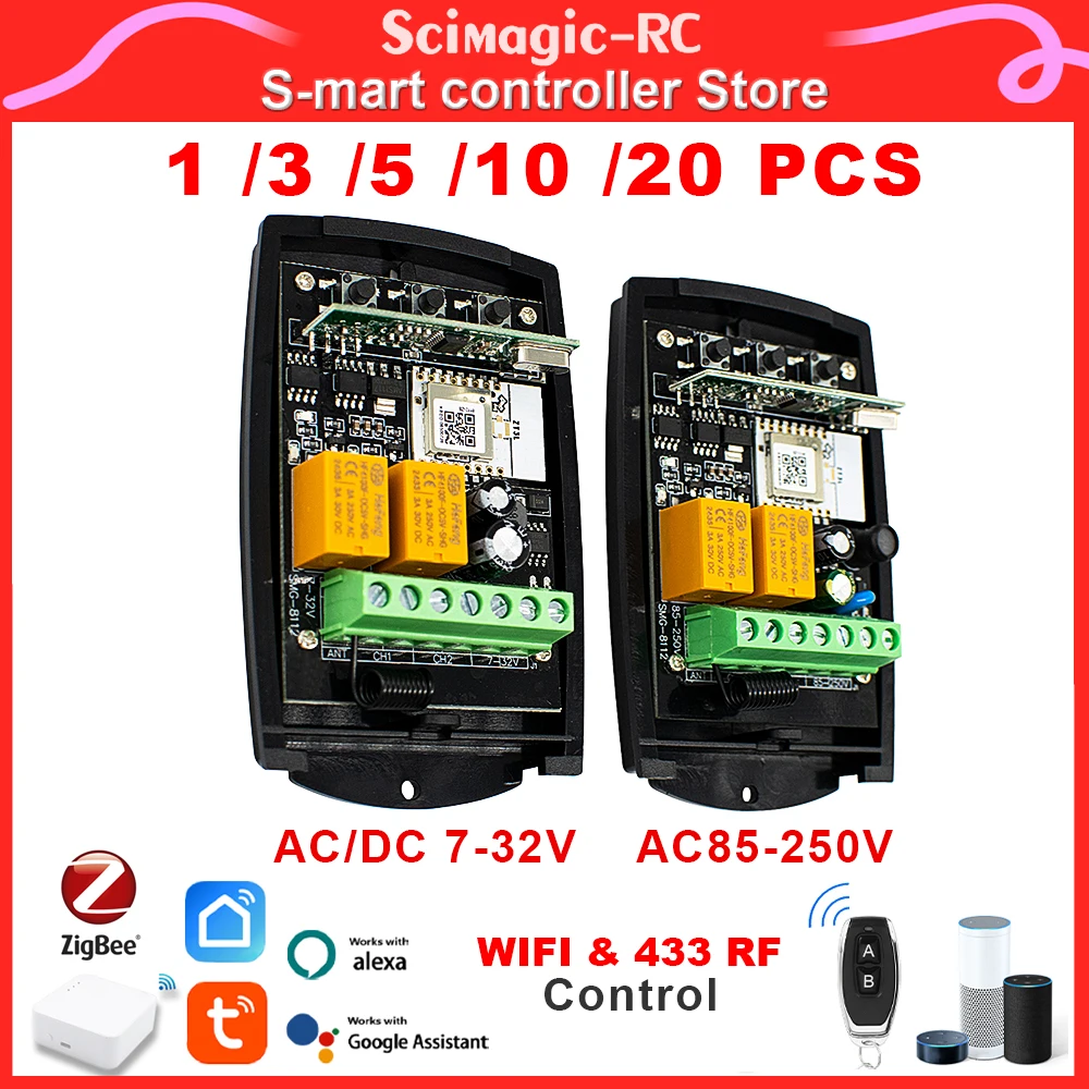 1-20pcs Garage Door Receiver Use with Zigbee Tuya WiFi SmartLife APP Alexa 433MHZ Fixed Code and Rolling Code RF Remote Control