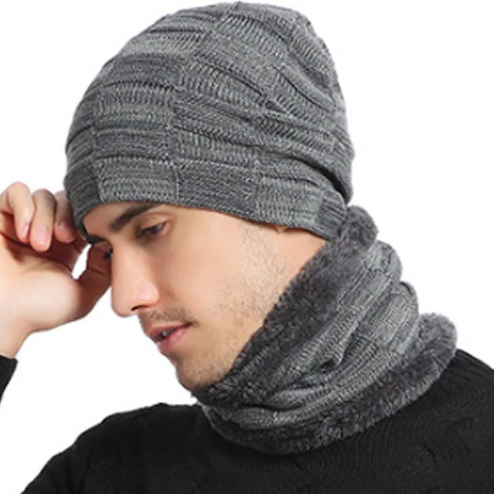 Fashion Acrylic Fibres Men Scarf and Hat Set Elastic Soft Woolen Hat Solid Color Thickened Pullover Cap Outdoor