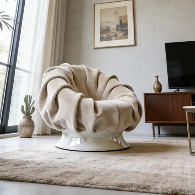 Modern Luxury Petal Shaped Velvet Upholstered Chair Cream Beige Comfortable Armchair Uniquely Designed Living Room Seat