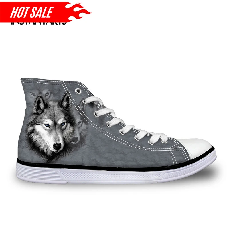 Animal High Top Canvas Shoes Classic Men's Lace Up Vulcanize Shoes for Student Cool 3D Wolf Flat Men EUR Size 37-45