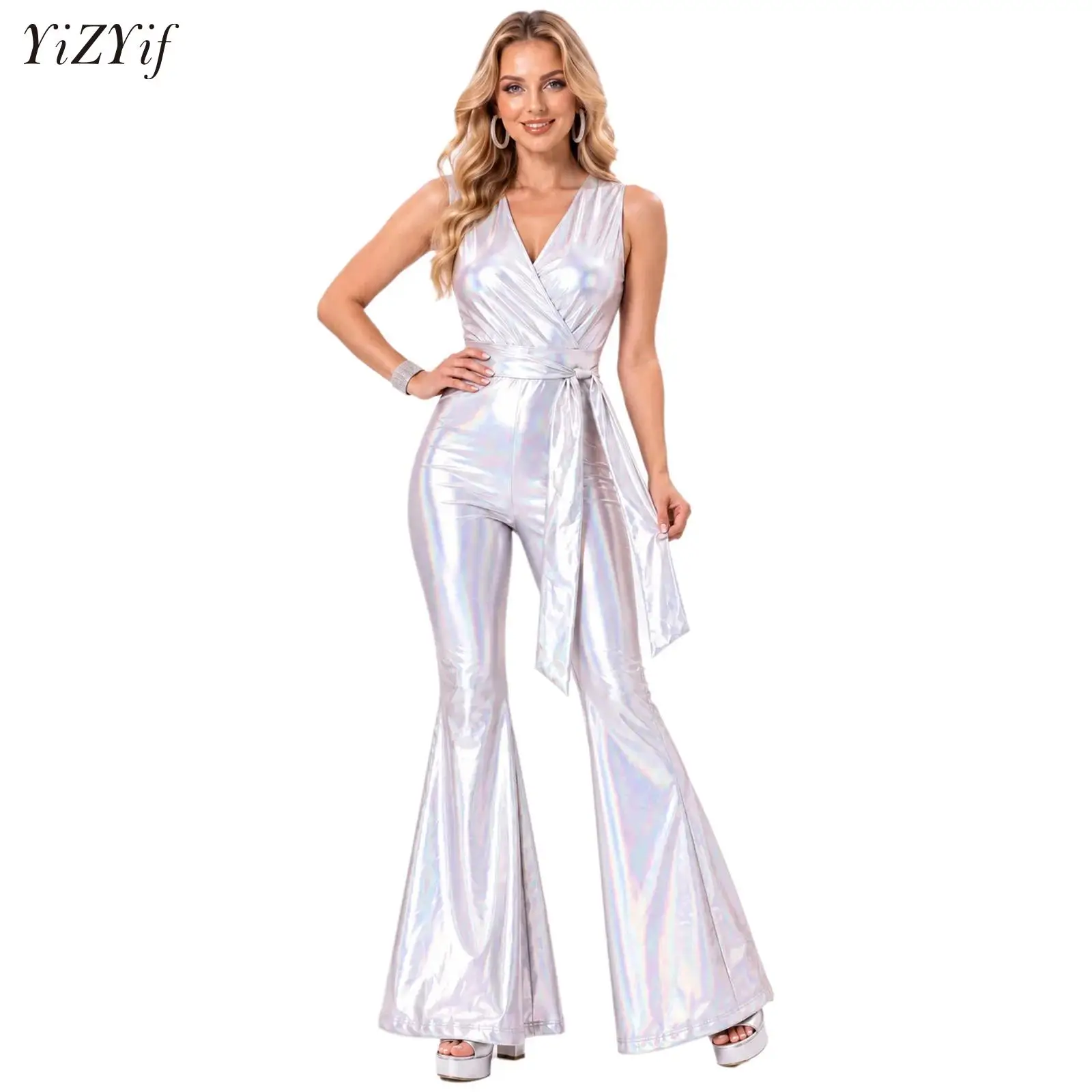 Women 70s 80s Disco Outfit V-neck Sleeveless Zipper Hippie Bell-bottom Jumpsuit with Belt for Stage Performance Theme Party
