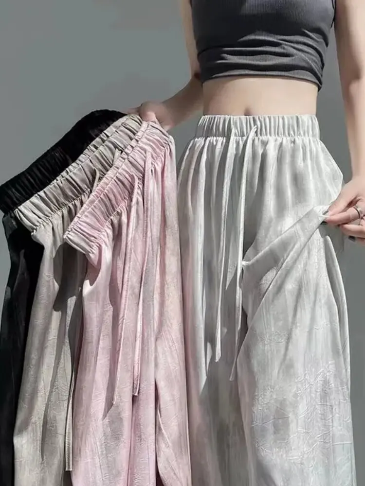 

Женские широкие брюки из атласа с эффектом ледяного шелка, тонкие, с высокой талией, свободного кроя, повседневные, струящиеся, с принтом, для ранней весны