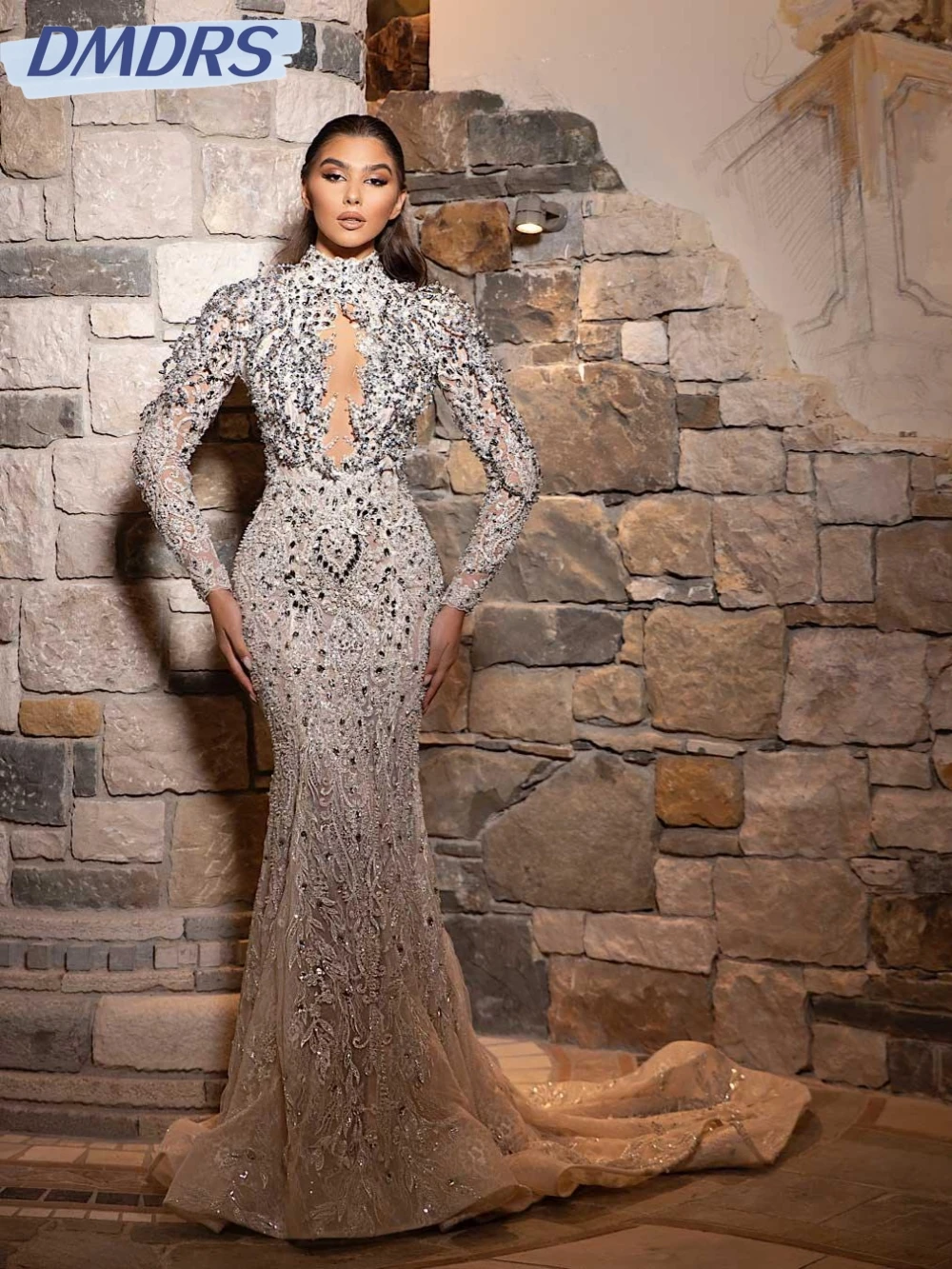 

Exquisite Sparkling Embroidery Crystal Evening Dress High Collar Long Sleeve Wedding Party Gown 2026 Customized Prom Dresses