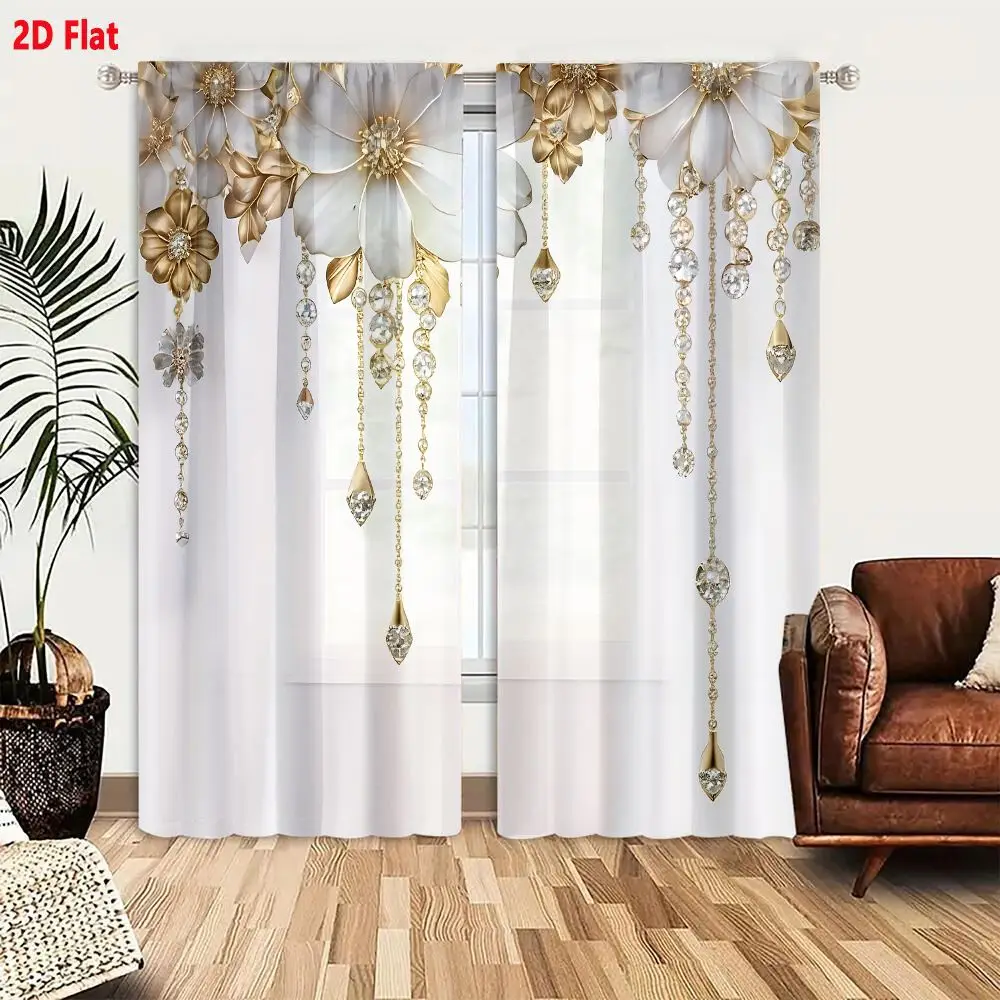 2Pcs Curtains 2D Flat Elegant White And Gold Floral Chandelier With Crystal Beads And Teardrop Pendants Window Drapes for Bedroo