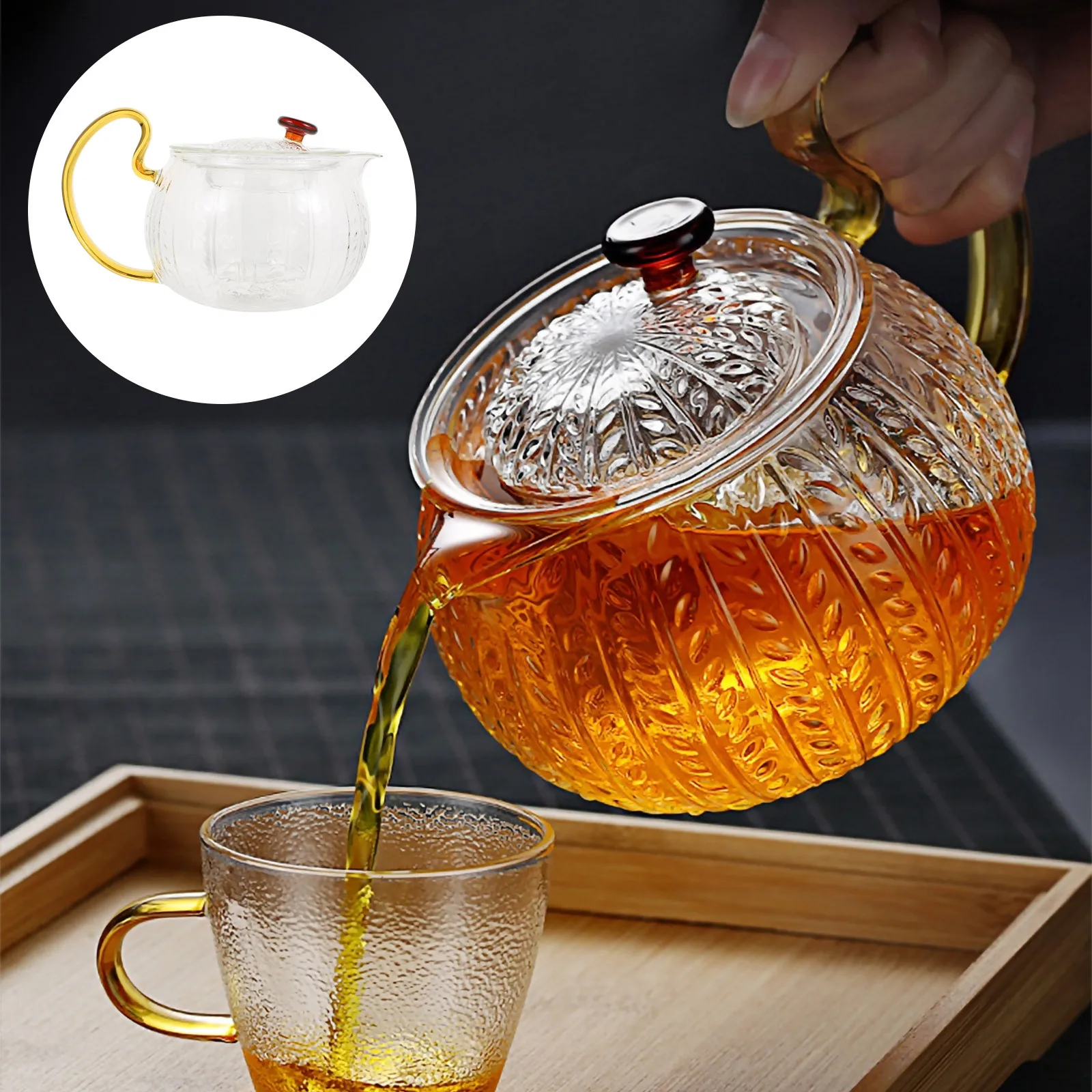 

1Pcs Transparent Heat Resistant Teapot Smooth Spout Detachable Filter for Kung Fu Flower Fruit Tea Household Kitchen Brew