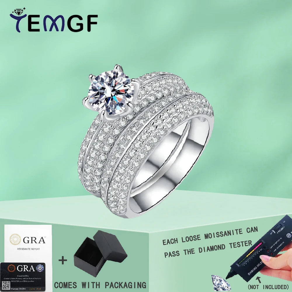 

TEMGF Fashion Luxury S925 Sterling Silver Ring Full Moissanite/Zircon Inlay Sparkling Fine Jewelry Trendy Lovers Ring 1 Pair