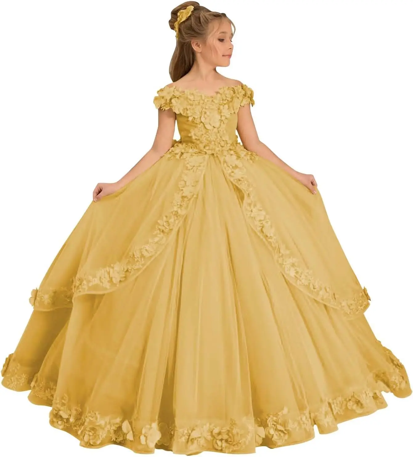 Gaun Gadis Pengiring Pengantin Elegan Model Off Shoulder dengan Hiasan, Gaun Komuni Pertama dengan Rok Berbunga, Gaun Pesta Putri untuk Ulang Tahun