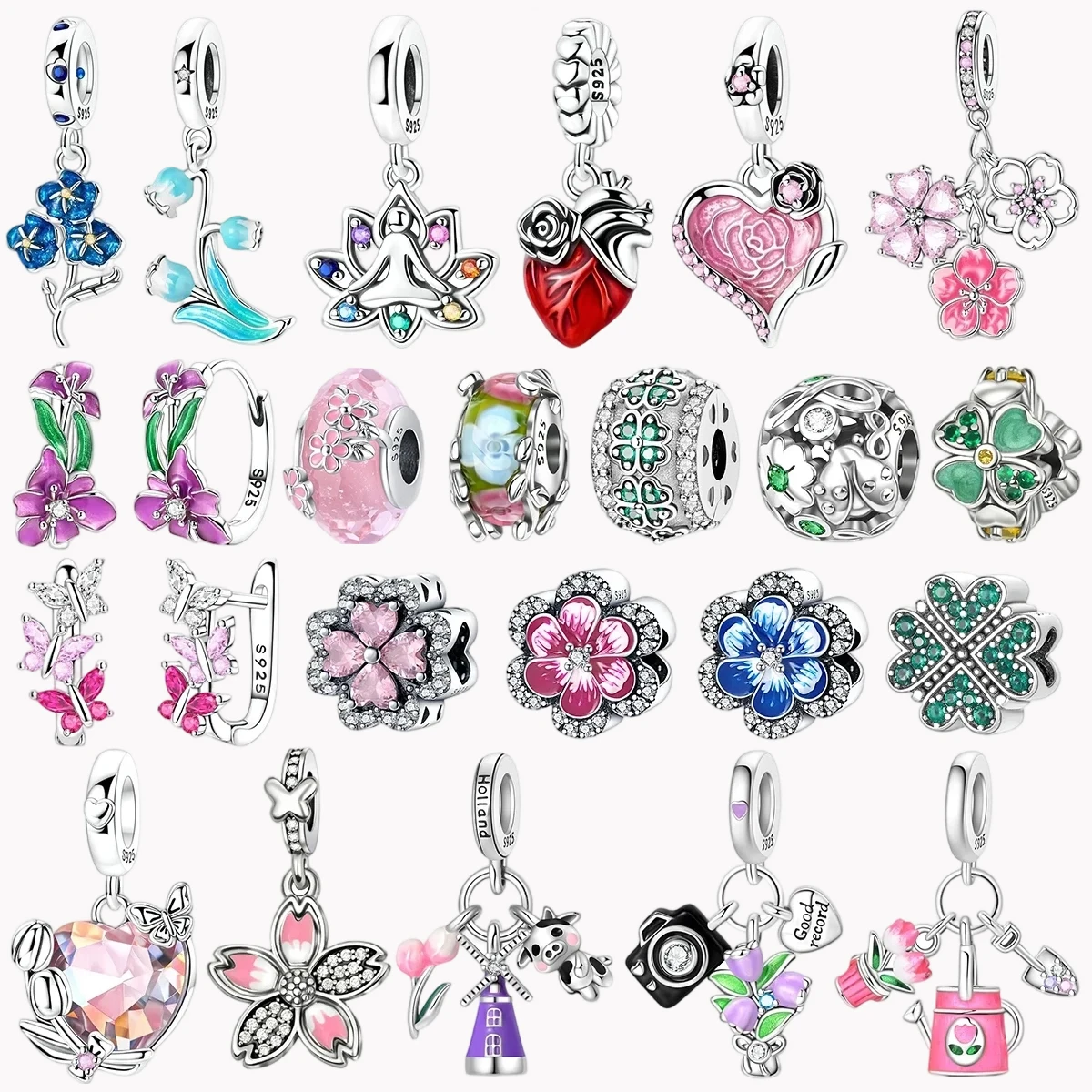 

Романтические подвески из стерлингового серебра 925 пробы с цветком вишни, колокольчик, орхидея, четырехлистный клевер, бусины для женщин, браслеты, ожерелье, ювелирные изделия, подарок