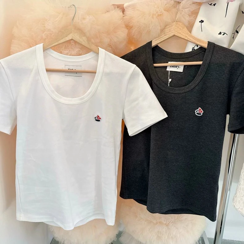 2025 New Spring Summer All-match Women Short Sleeve Tees Solid Color Slim Basic Top Embroidery O-neck Pullover Cotton T-shirt