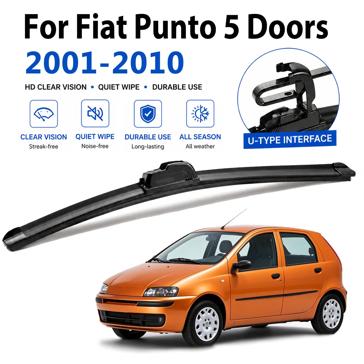 Durable Quiet Black Wiper Blades For Fiat Punto 5 Doors 2001-2010 Premium-Rubber, Scratch Proof High Quality Long Life