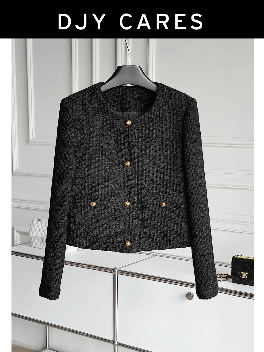 

New Bold woolen fashionable black jacket, high-end short style, light luxury versatile big size