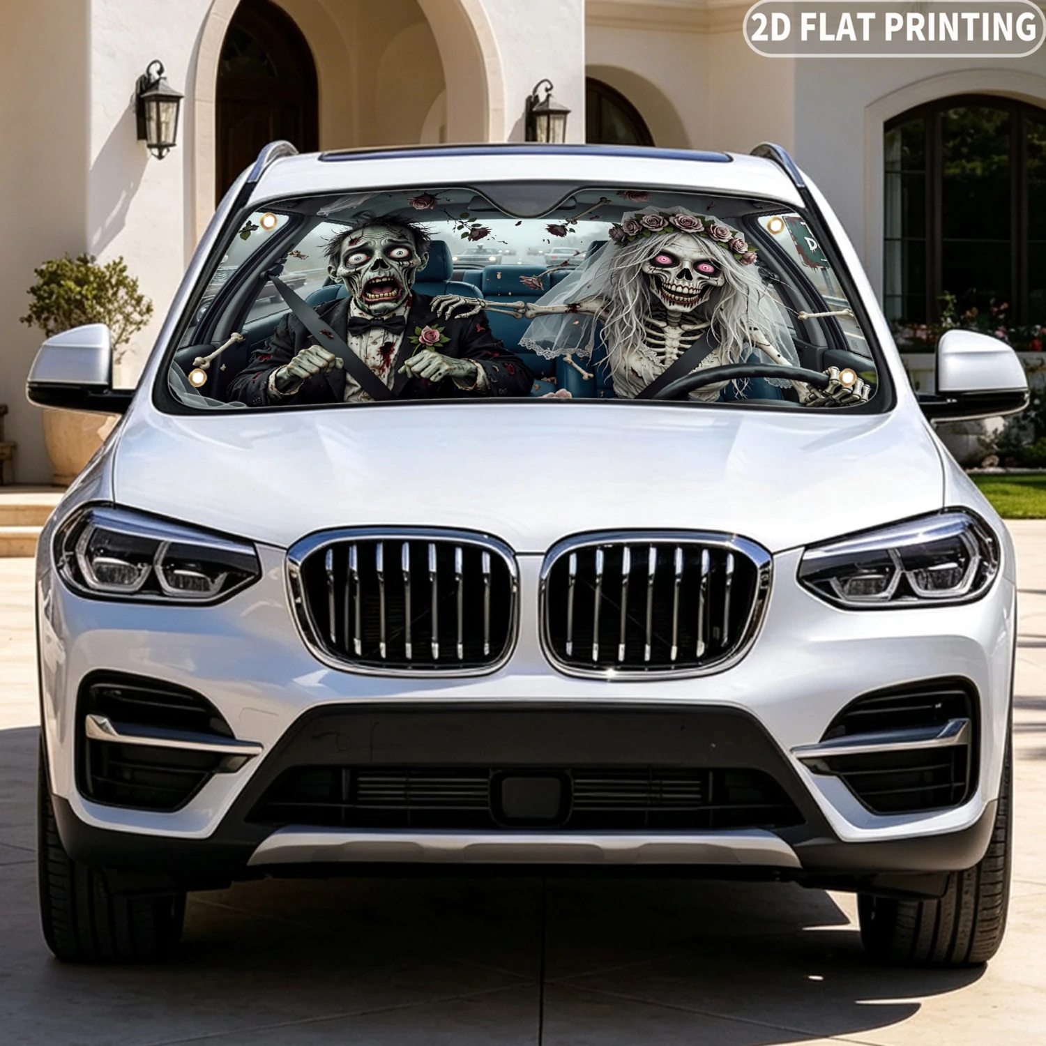 1pc Universal Car Windshield Sunshade, with Zombie Couple Car Windshield Sunshade 2D FLAT Printing Design, 4 Suction Cups