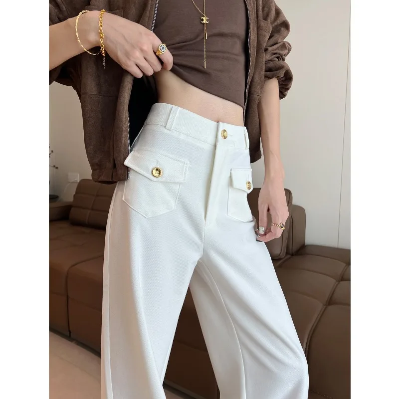 ملابس حريمي ربيع الخريف موضة البساطة زر بلون جيب أنثى كل مباراة مزاجه عالية الخصر السراويل مستقيم