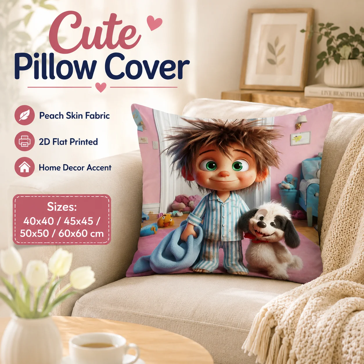 

2D Flat Printed Messy Hair Boy Peach Skin Pillowcase Cute Pet Dog Cushion Cover for Sofa Living Room Couch Decor Pillow Cover