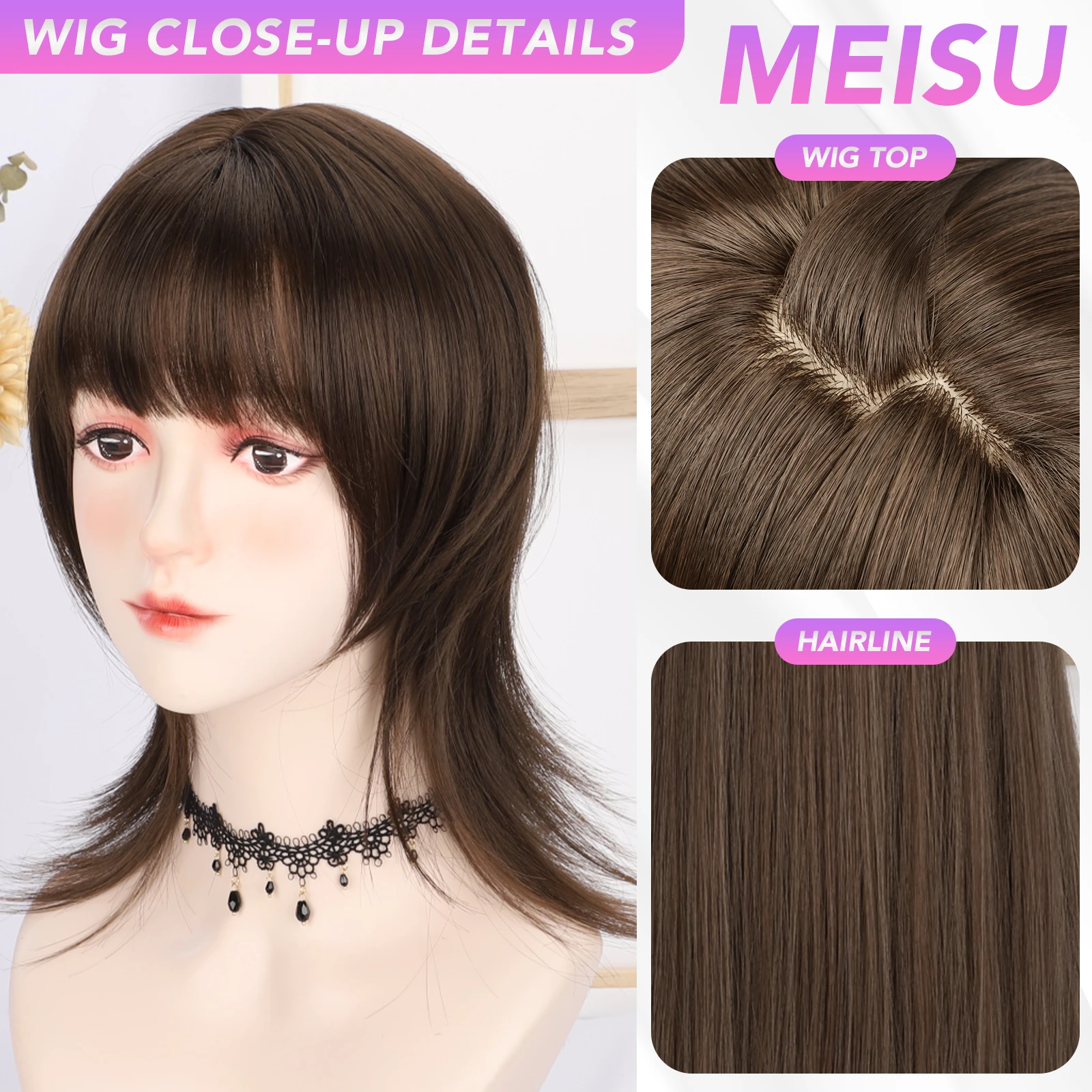 MEISU 16 Inch Brown Wigs Micro Curly Hair Tail Fiber Synthetic Heat-resistant Hair Sweet And Natural Party or Selfie For Women