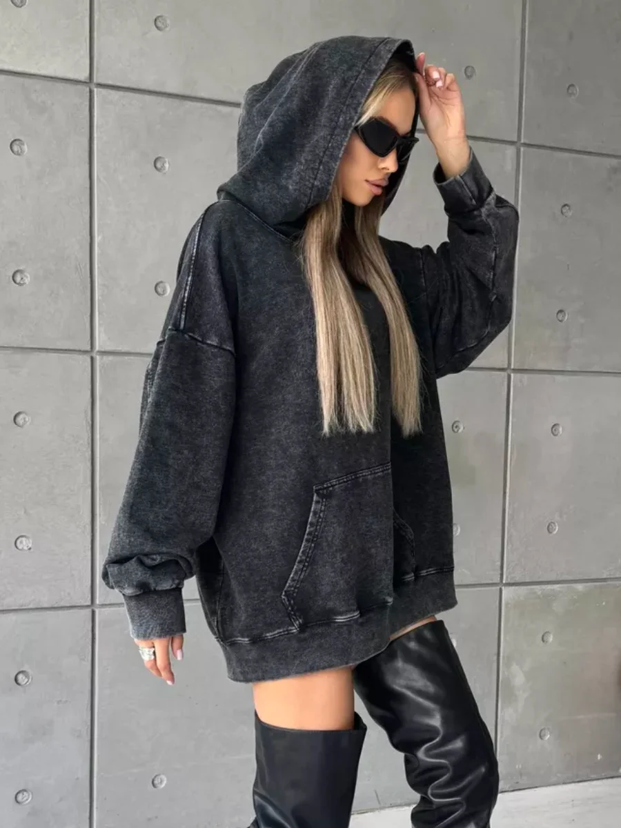American Style Warm Autumn And Winter, Fashionable White Loose Versatile Old Retro Temperament Washing Black Hooded Sweatshirt