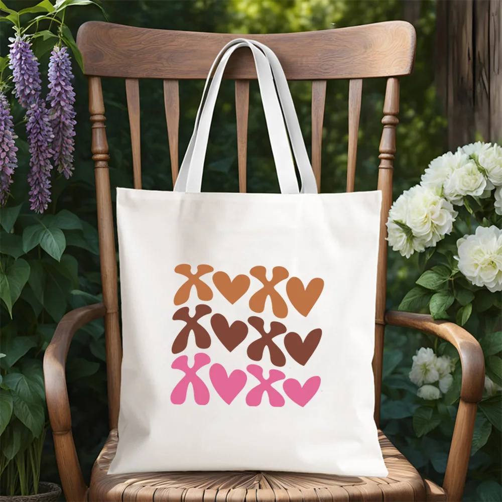 

White and Black Valentine's Day Heart Print Tote - Canvas Reusable Shopping Bag, Large Capacity Handbag for Gifts Storage Bag
