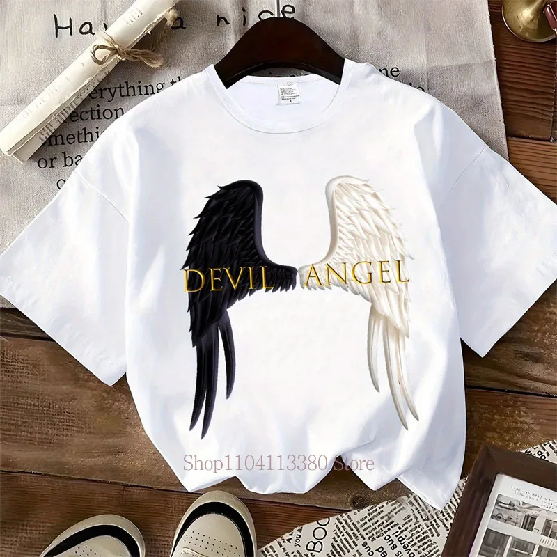 Devil Angel Wings Print T-shirts for Women Summer Casual Fashion High Street Tops Vintage Crew Neck Short Sleeve Comfort Tees