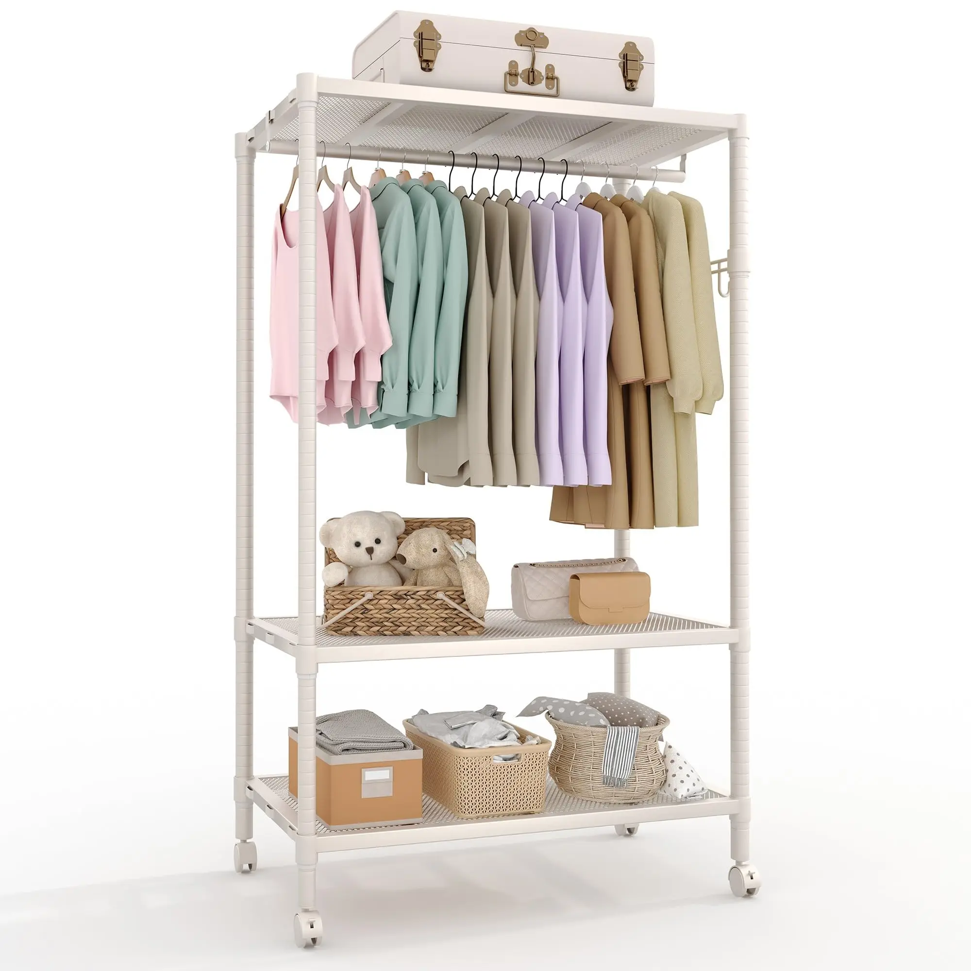 

Rolling Clothing Rack Heavy Duty Garment Rack for Hanging Clothes, Portable Closet Wardrobe with Wheels and Side Hooks
