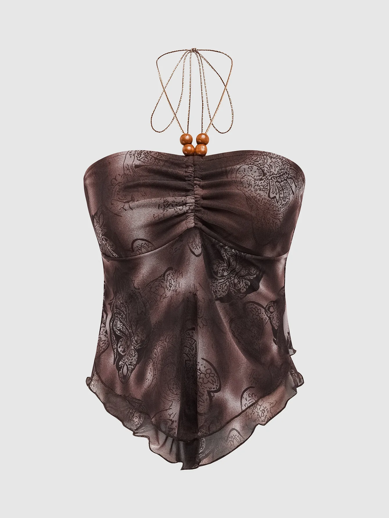 マーメイドタイダイプリーツサスペンダーイレギュラーヘムレースアップビーズ付きホルターネックバンドゥトップガール