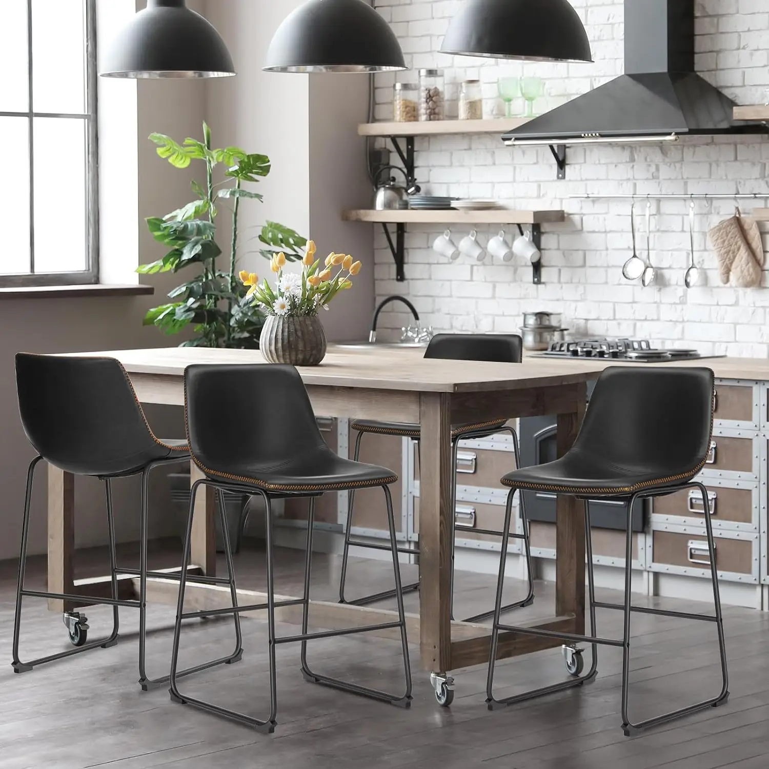 Faux Leather High Barstools, Counter Height Bar Stools, costas e perna de metal, cadeiras modernas para cozinha, conjunto de 4, 26 polegadas