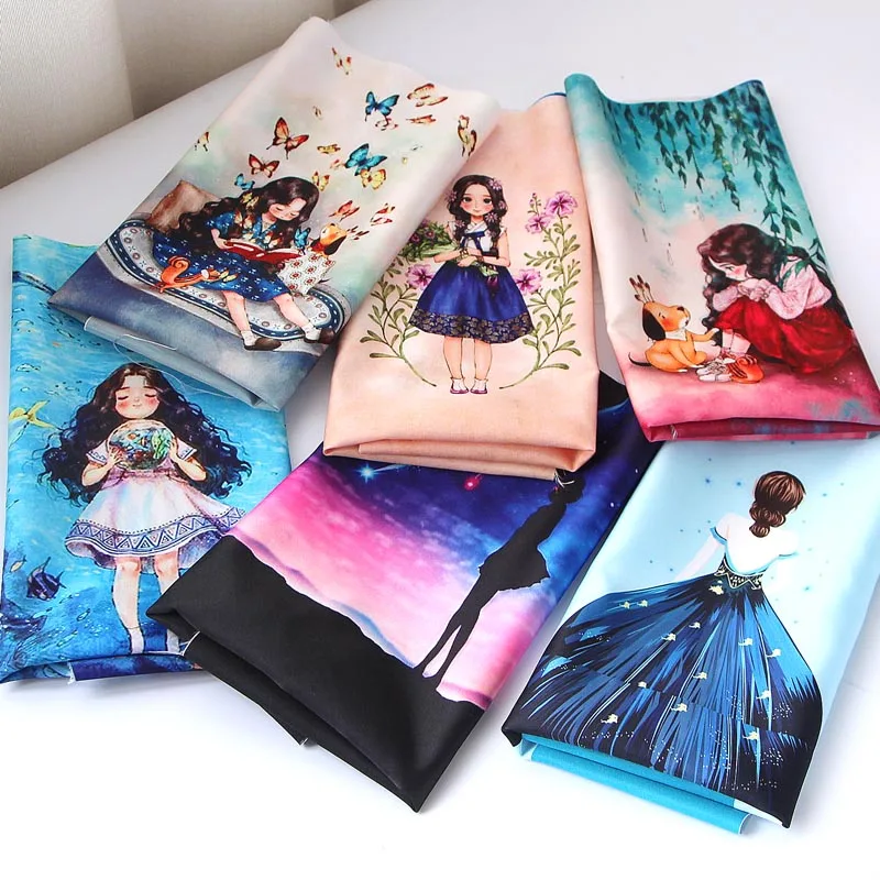 36*49cm Starry Girl Imitation Silk Diy Bag Fabric Cloth Sewing Pattern Painting Material Crafts Textile Patchwork Cartoon Fabric