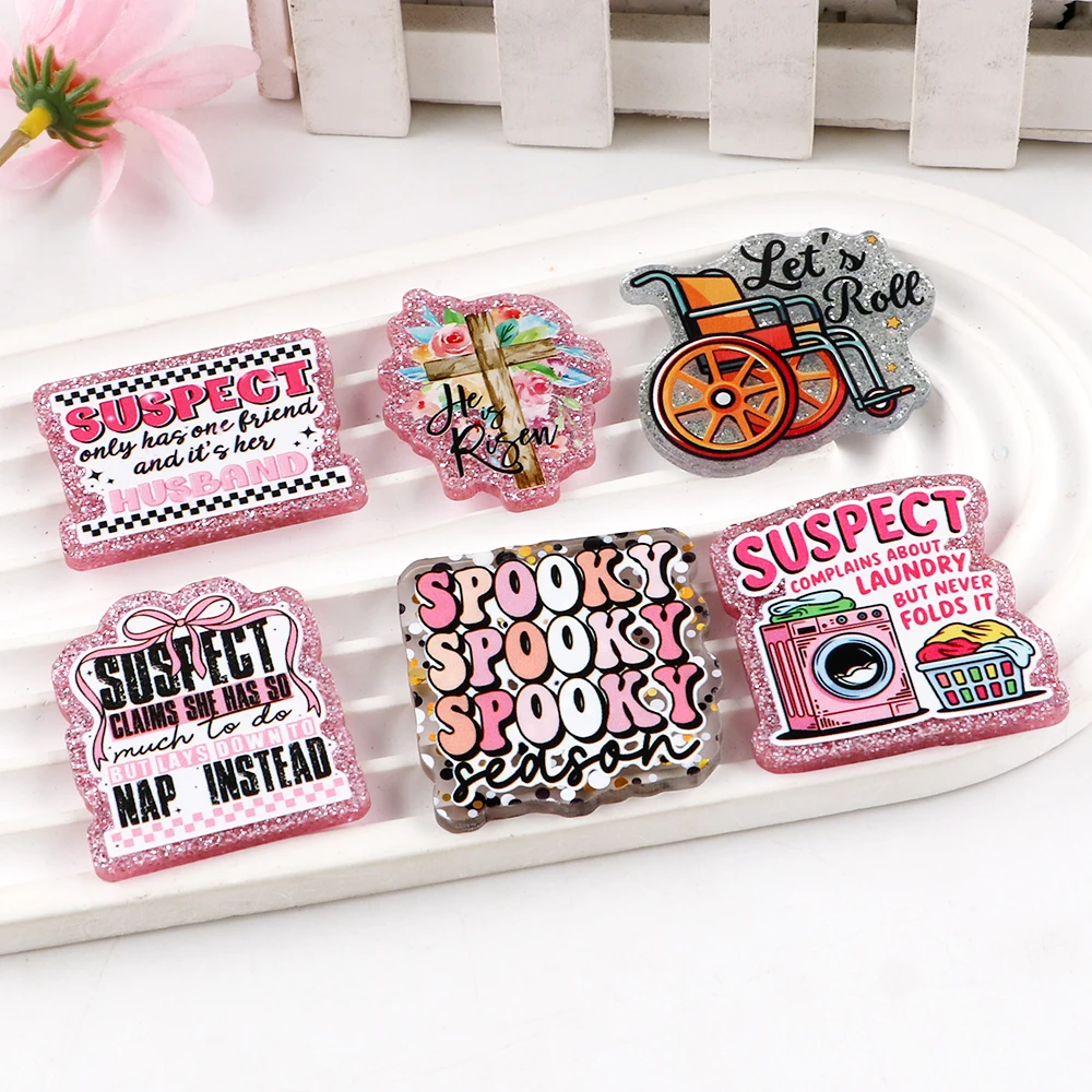 8PCS/Lot Text Acrylic Flatback Resin Planars White Background Silver Glitter Handmade Materials for DIY Card Cover Patch