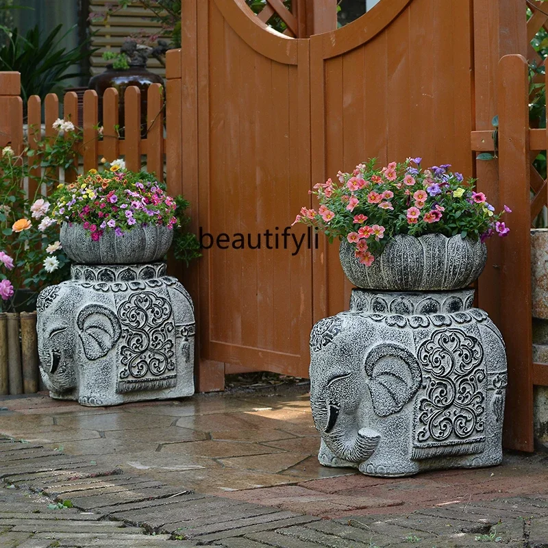 

zqCement Elephant Flower Pot Vintage Animal Creative Villa Planter Doorway Decoration Art Flower Bed Ornaments