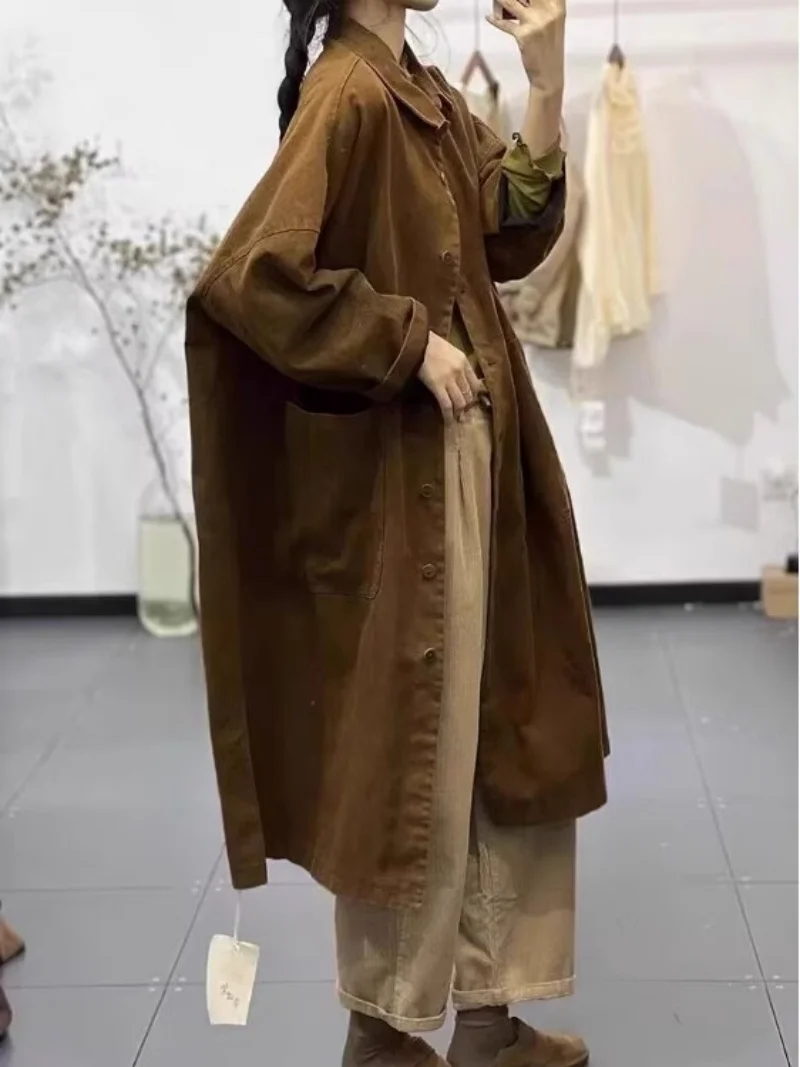 เสื้อโค้ทกันลมทรงยาวสไตล์ลำลองสำหรับผู้หญิง รุ่น w694 สีพื้นเรียบง่าย หลากหลายสไตล์ แบบเรโทร ศิลปะ ฤดูใบไม้ร่วง ปี 2025