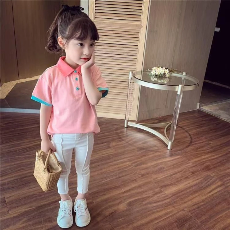 

Детская летняя футболка-поло с коротким рукавом для девочек, легкая, дышащая, с классическим воротником, милая блузка для малышей