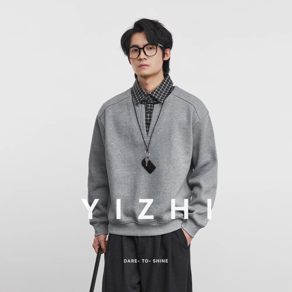 

Fashion Heavyweight Fleece-Lined Sweatshirt 2025 Autumn Winter New American Trendy Brand Patchwork Shirt Collar Preppy Pullover