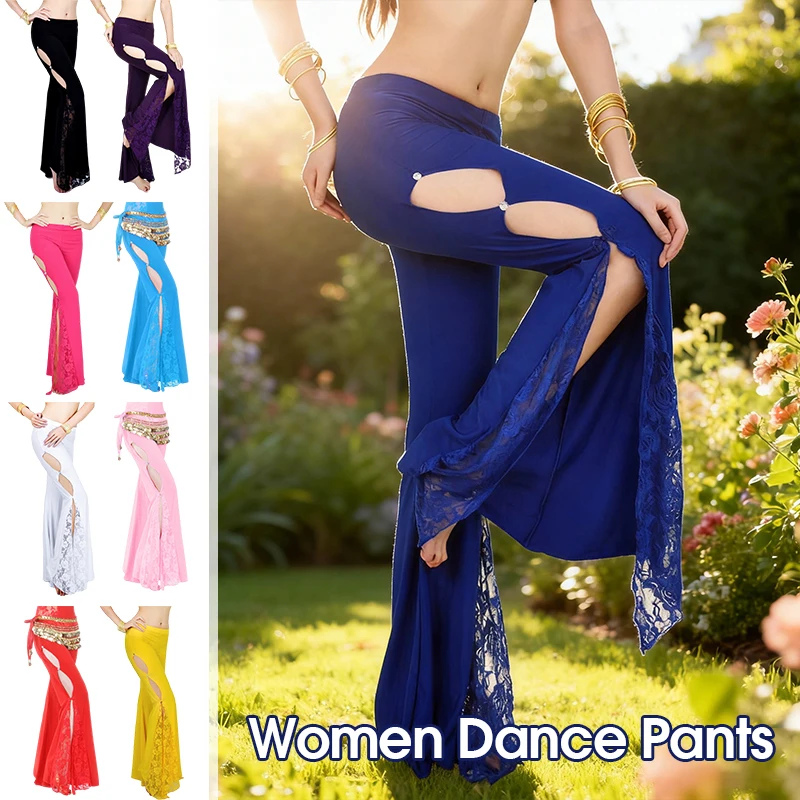 Women's Sexy Flare Dance Pants Belly Dance Costume Lace Sides Split Pants Lace Bollywood Indian Dance Costume, No Waist Chain