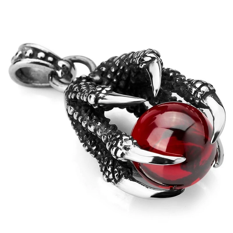 10X Stainless Steel Pendant Necklace CZ Red Dragon Claws Bead Gothic Men ,23 Inch Chain