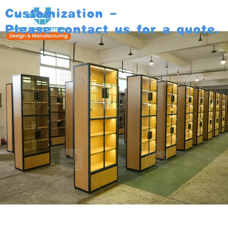 custom.Customized Shop Decoration Wooden Metal Display Shelves LED Glass Display Showcase Showcases Glass Display Cabinet With L